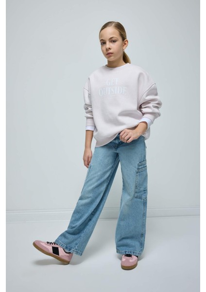 Kız Çocuk Wide Leg Kargo Cepli Geniş Bol Paça Jean Pantolon D3718A824WN