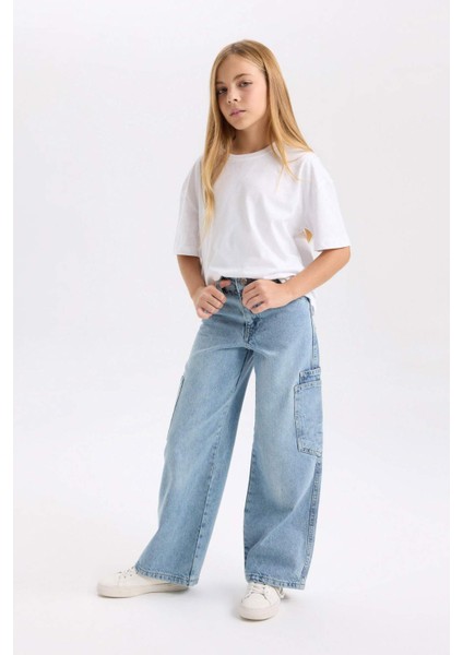 Kız Çocuk Wide Leg Kargo Cepli Geniş Bol Paça Jean Pantolon D3718A824WN