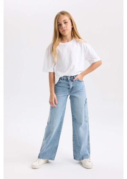 Kız Çocuk Wide Leg Kargo Cepli Geniş Bol Paça Jean Pantolon D3718A824WN