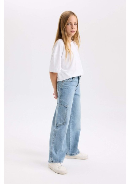 Kız Çocuk Wide Leg Kargo Cepli Geniş Bol Paça Jean Pantolon D3718A824WN