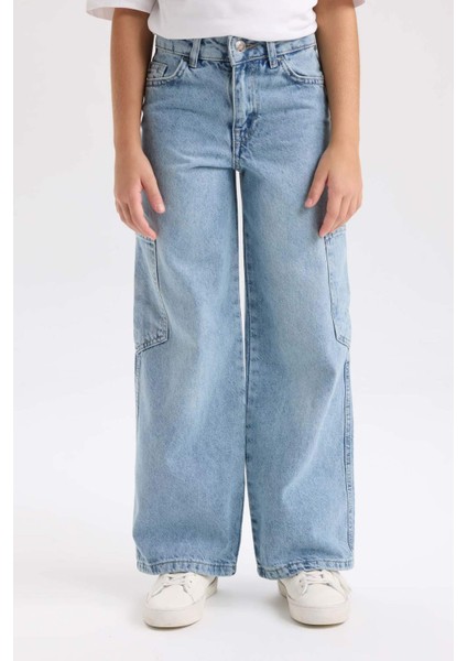 Kız Çocuk Wide Leg Kargo Cepli Geniş Bol Paça Jean Pantolon D3718A824WN