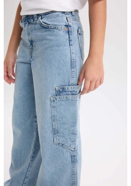 Kız Çocuk Wide Leg Kargo Cepli Geniş Bol Paça Jean Pantolon D3718A824WN