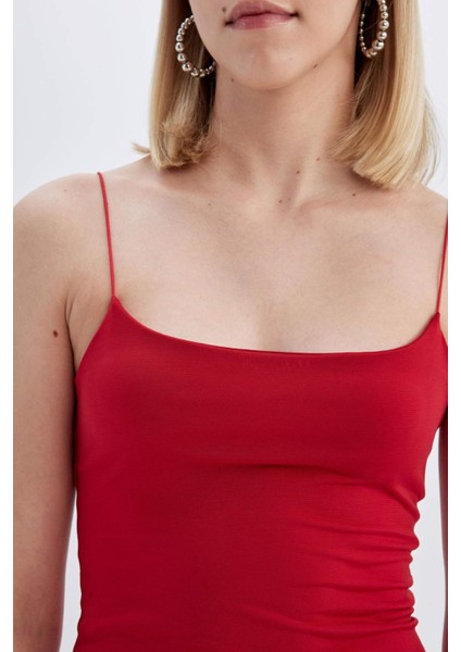 Bodycon Kare Yaka Kırmızı Askılı Mini Elbise D3265AXNS