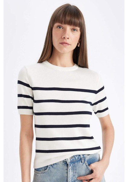 Regular Fit Bisiklet Yaka Çizgili Kısa Kollu Triko Kazak D3301AX24AU