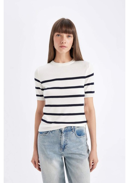 Regular Fit Bisiklet Yaka Çizgili Kısa Kollu Triko Kazak D3301AX24AU