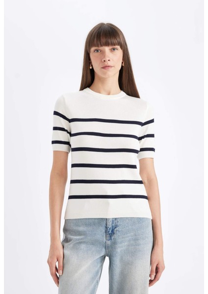 Regular Fit Bisiklet Yaka Çizgili Kısa Kollu Triko Kazak D3301AX24AU