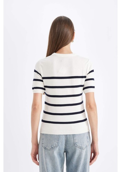 Regular Fit Bisiklet Yaka Çizgili Kısa Kollu Triko Kazak D3301AX24AU