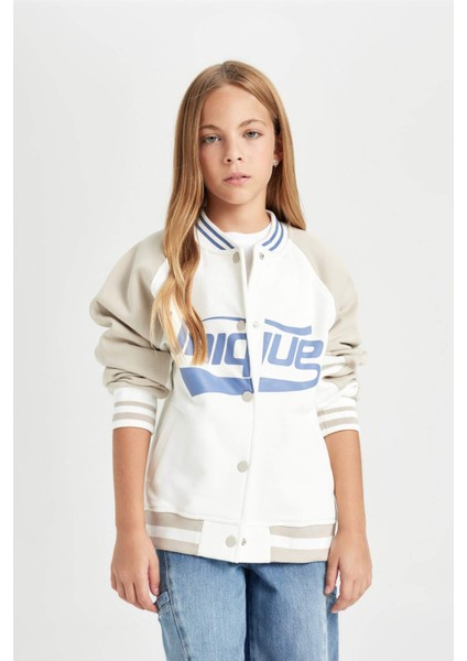 Kız Çocuk Kolej Yaka Çıtçıtlı Çift Cepli Baskılı İçi Yumuşak Tüylü Mevsimlik Bomber Ceket D2626A824AU