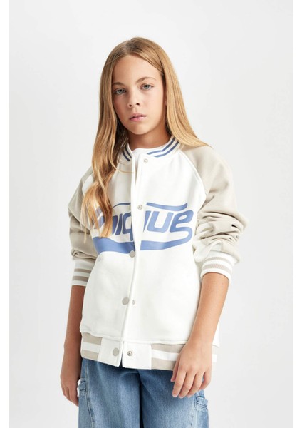 Kız Çocuk Kolej Yaka Çıtçıtlı Çift Cepli Baskılı İçi Yumuşak Tüylü Mevsimlik Bomber Ceket D2626A824AU