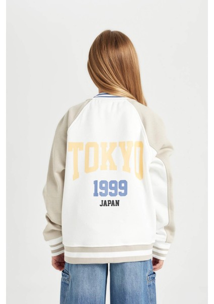 Kız Çocuk Kolej Yaka Çıtçıtlı Çift Cepli Baskılı İçi Yumuşak Tüylü Mevsimlik Bomber Ceket D2626A824AU