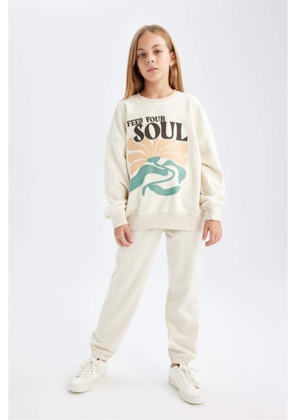 Kız Çocuk Oversize Geniş Kalıp Bisiklet Yaka Baskılı Sweatshirt D2880A824WN