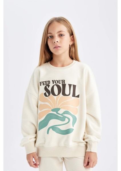 Kız Çocuk Oversize Geniş Kalıp Bisiklet Yaka Baskılı Sweatshirt D2880A824WN