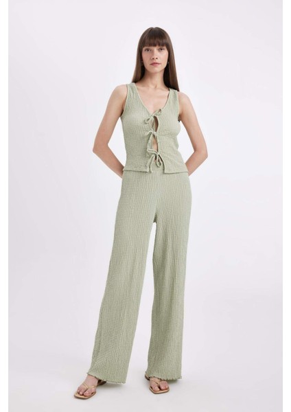 Wide Leg Geniş Paça Beli Lastikli Basic Düz Bürümcük Pantolon D3570AX24AU