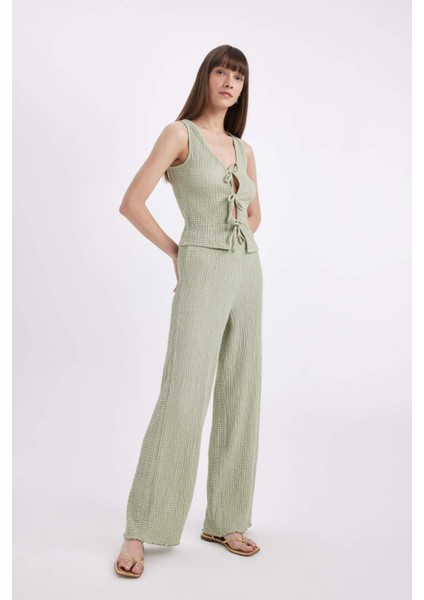 Wide Leg Geniş Paça Beli Lastikli Basic Düz Bürümcük Pantolon D3570AX24AU