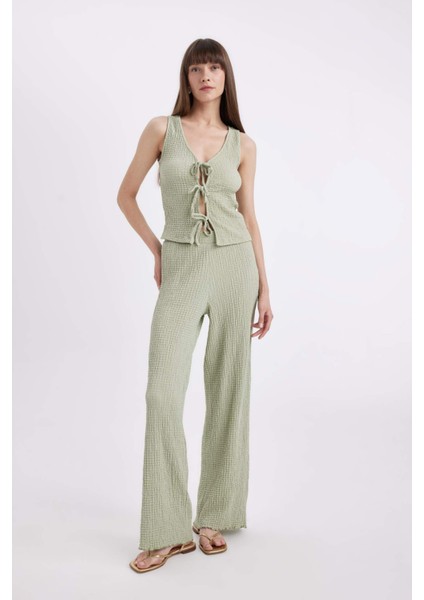 Wide Leg Geniş Paça Beli Lastikli Basic Düz Bürümcük Pantolon D3570AX24AU