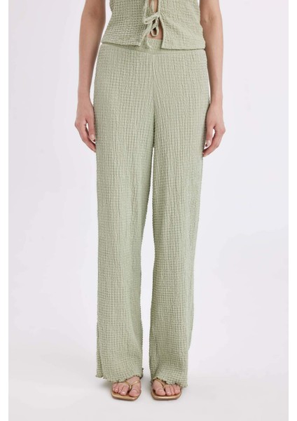 Wide Leg Geniş Paça Beli Lastikli Basic Düz Bürümcük Pantolon D3570AX24AU