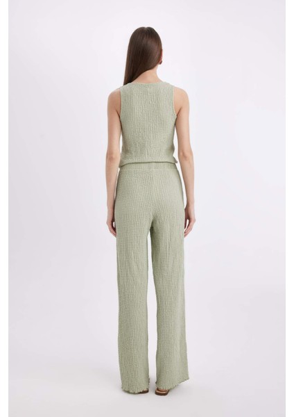 Wide Leg Geniş Paça Beli Lastikli Basic Düz Bürümcük Pantolon D3570AX24AU