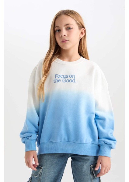 Kız Çocuk Oversize Geniş Kalıp Bisiklet Yaka Degrade Baskılı Sweatshirt D2887A824WN