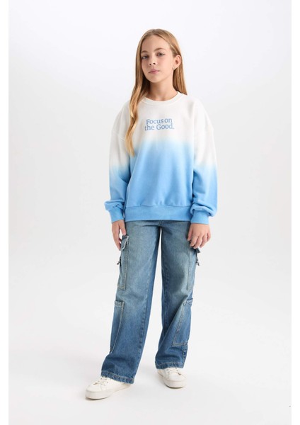 Kız Çocuk Oversize Geniş Kalıp Bisiklet Yaka Degrade Baskılı Sweatshirt D2887A824WN