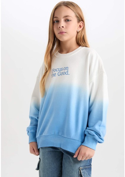 Kız Çocuk Oversize Geniş Kalıp Bisiklet Yaka Degrade Baskılı Sweatshirt D2887A824WN