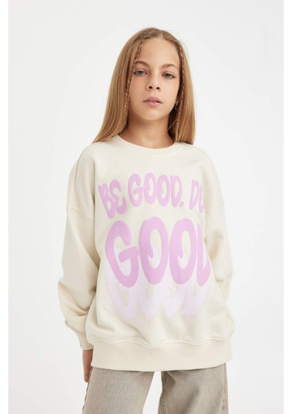 Kız Çocuk Oversize Geniş Kalıp Bisiklet Yaka Baskılı Sweatshirt D2880A824WN