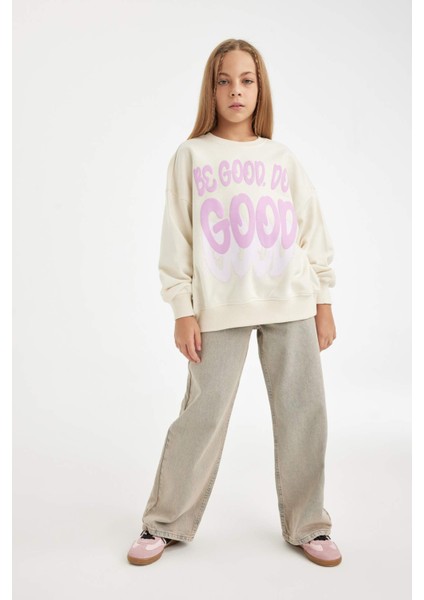 Kız Çocuk Oversize Geniş Kalıp Bisiklet Yaka Baskılı Sweatshirt D2880A824WN