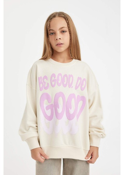 Kız Çocuk Oversize Geniş Kalıp Bisiklet Yaka Baskılı Sweatshirt D2880A824WN