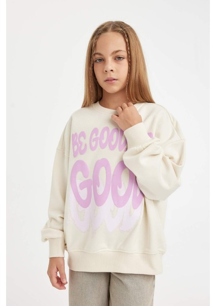 Kız Çocuk Oversize Geniş Kalıp Bisiklet Yaka Baskılı Sweatshirt D2880A824WN