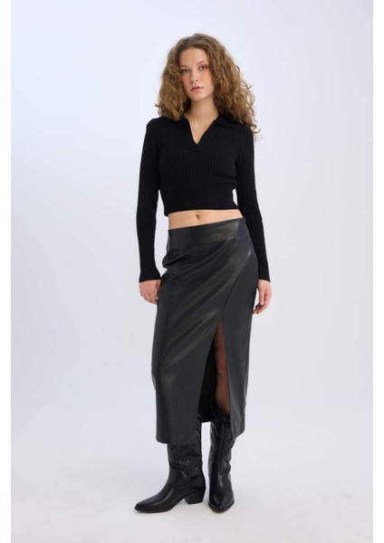 Kalem Yüksek Bel Yırtmaçlı Suni Deri Midi Siyah Etek D3015AX24WN