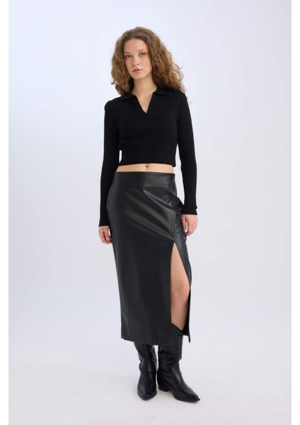 Kalem Yüksek Bel Yırtmaçlı Suni Deri Midi Siyah Etek D3015AX24WN