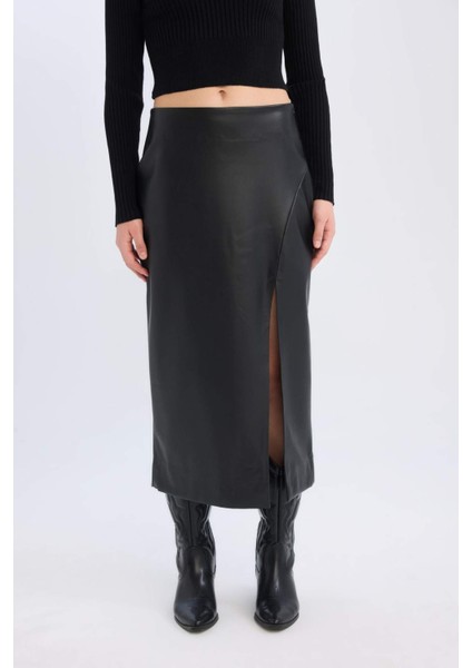Kalem Yüksek Bel Yırtmaçlı Suni Deri Midi Siyah Etek D3015AX24WN