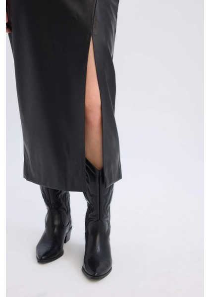 Kalem Yüksek Bel Yırtmaçlı Suni Deri Midi Siyah Etek D3015AX24WN