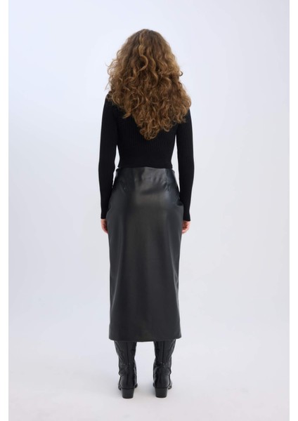 Kalem Yüksek Bel Yırtmaçlı Suni Deri Midi Siyah Etek D3015AX24WN