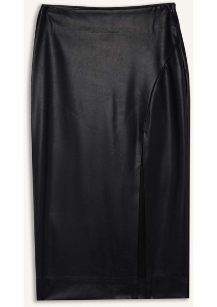 Kalem Yüksek Bel Yırtmaçlı Suni Deri Midi Siyah Etek D3015AX24WN