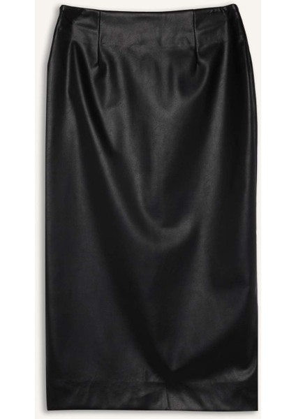 Kalem Yüksek Bel Yırtmaçlı Suni Deri Midi Siyah Etek D3015AX24WN