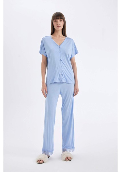 Pijama Takım V Yaka Düğmeli Kısa Kollu Üst Beli Lastikli Alt-Fall in Love
