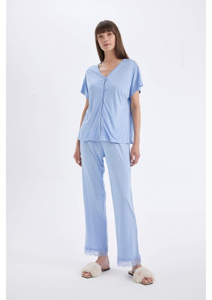 Pijama Takım V Yaka Düğmeli Kısa Kollu Üst Beli Lastikli Alt-Fall in Love