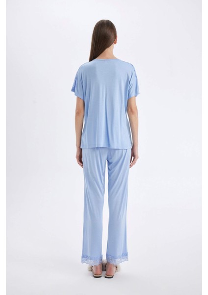 Pijama Takım V Yaka Düğmeli Kısa Kollu Üst Beli Lastikli Alt-Fall in Love