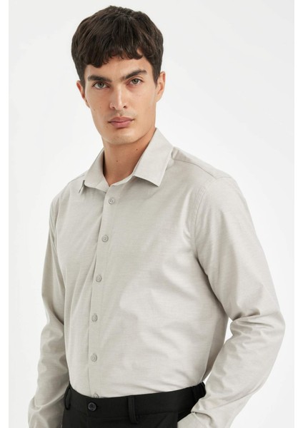 Modern Fit Modern Kesim Poplin Düz Pamuk Karışımlı Uzun Kollu Gömlek D3375AX24AU