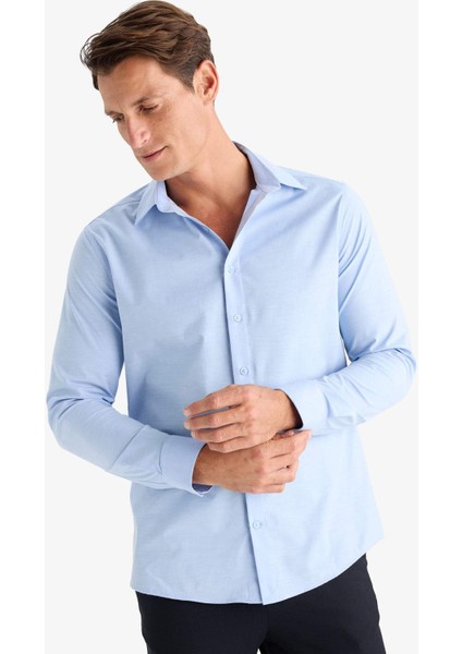 Modern Fit Modern Kesim Poplin Düz Pamuk Karışımlı Uzun Kollu Gömlek D3375AX24AU