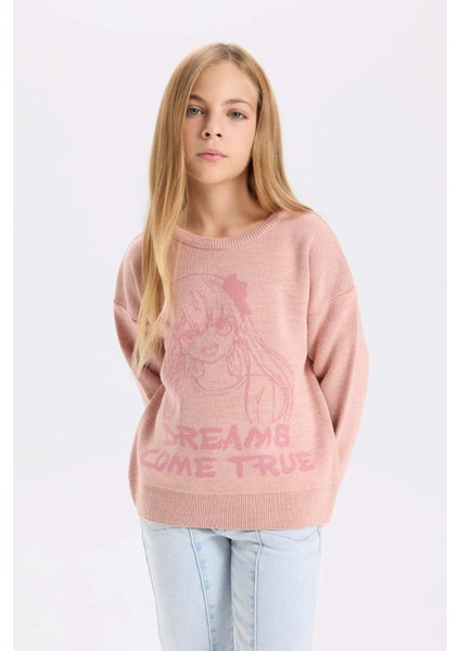 Kız Çocuk Bisiklet Yaka Desenli Triko Kazak D3189A824WN