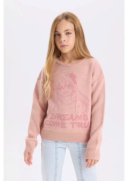 Kız Çocuk Bisiklet Yaka Desenli Triko Kazak D3189A824WN