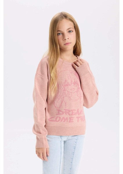 Kız Çocuk Bisiklet Yaka Desenli Triko Kazak D3189A824WN