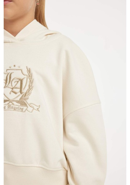 Kız Çocuk Ekru Oversize Geniş Kalıp Kapüşonlu İşlemeli Sweatshirt D2885A824WN