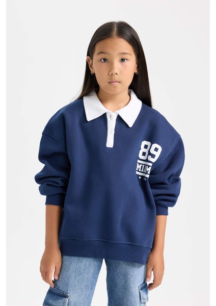 Kız Çocuk Oversize Geniş Kalıp Polo Yaka Baskılı İçi Yumuşak Tüylü Sweatshirt D3497A824WN