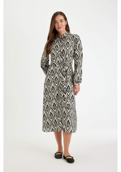 Gömlek Yaka Etnik Desenli Düğmeli Kemerli Uzun Kollu Maxi Elbise D3701AX24AU