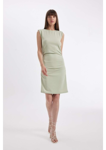 Bodycon Vücuda Oturan Drapeli Krep Kolsuz Mini Abiye Elbise D3770AX24AU