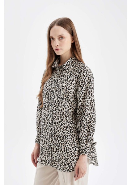 Relax Fit Gömlek Yaka Çizgili Uzun Kollu Gömlek Tunik