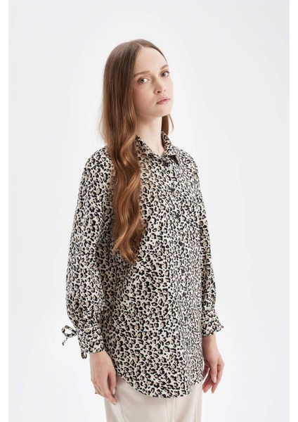 Relax Fit Gömlek Yaka Çizgili Uzun Kollu Gömlek Tunik