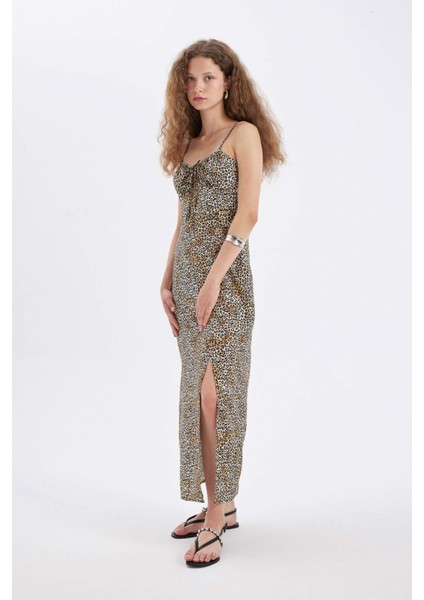 A Kesim Kalp Yaka Leopar Desenli Viskon Askılı Maxi Elbise A9283AX24HS